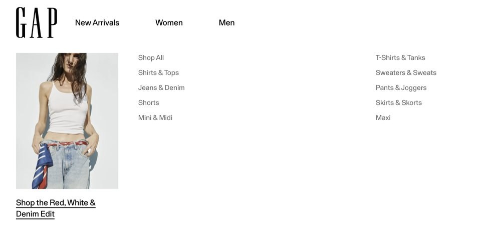 The mega menu open, showing category columns and a campaign edit tile